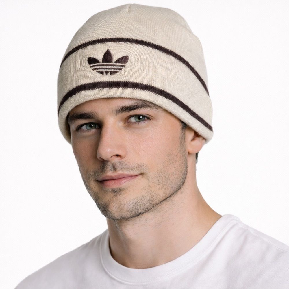 Adidas Reversible Knit Beanie Hat in Chocolate Brown and Cream